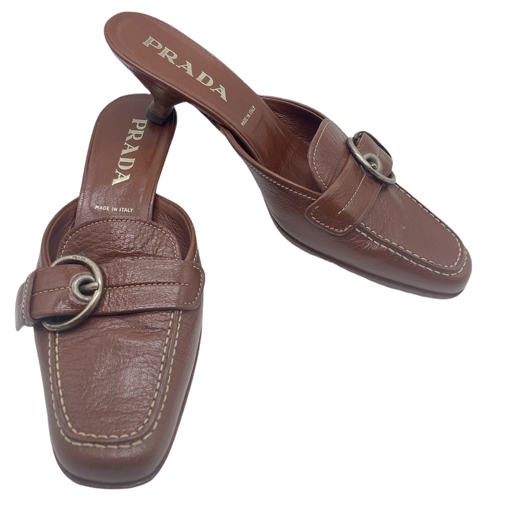 Prada brown leather loafer mules kitten heels Size 37.5 7 7.5